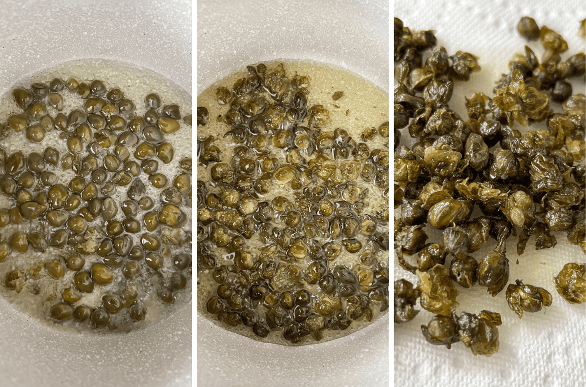 Three photos of capers being pan fried and draining on a stack of paper towels.