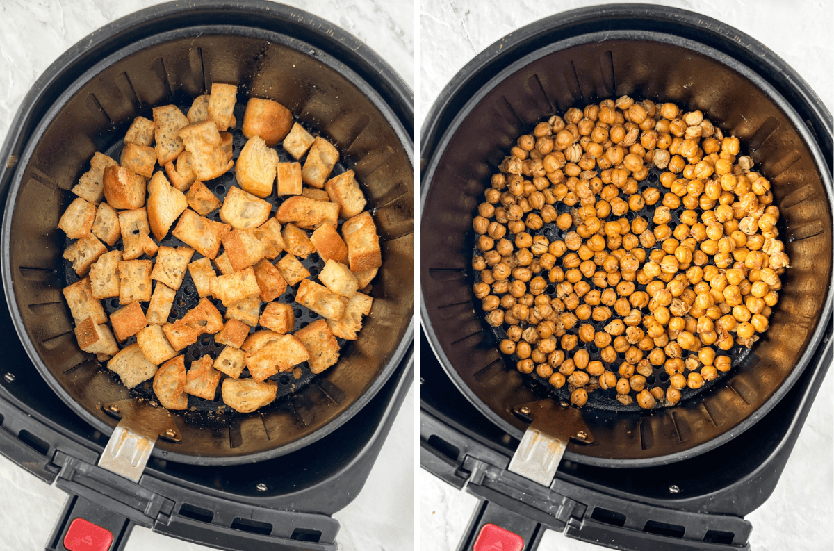 Air fryer basket with sourdough croutons and another air fryer filled with crisp chickpeas.