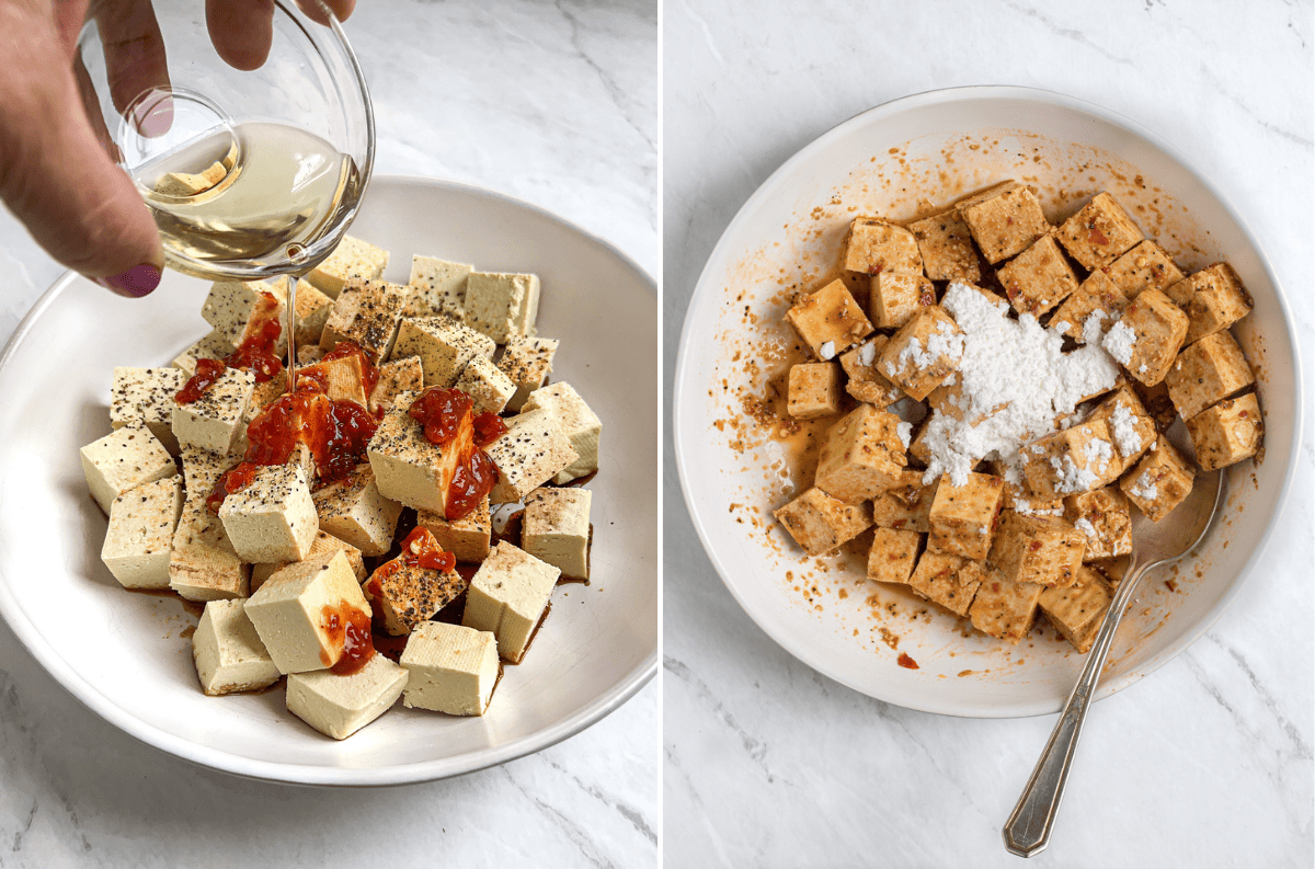 Two photos: mixing tofu marinade on tofu. Sprinkling cornstarch on the marinated tofu.