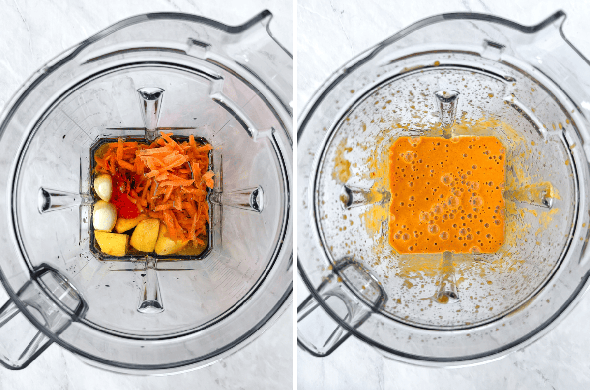 Two photos of Vitamix blender cups filled with Asian salad dressing ingredient before and after blending.