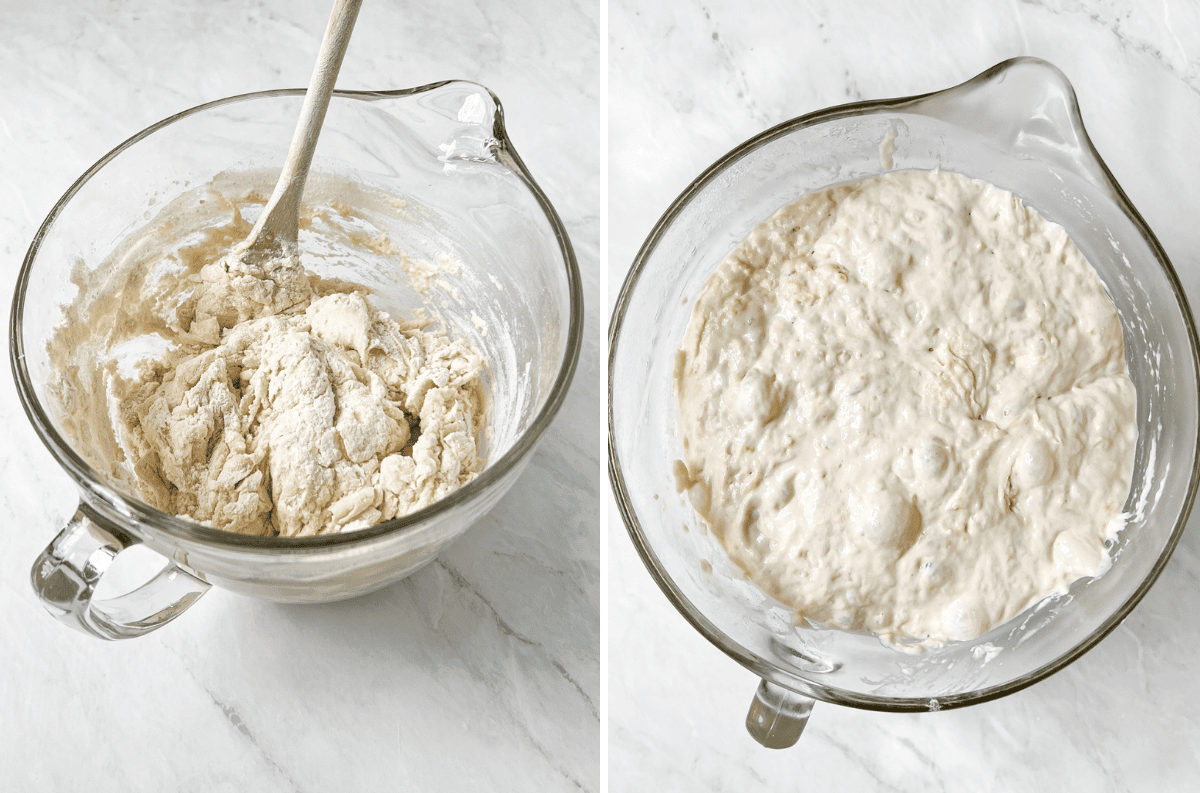 Two photos showing peasant bread being stirred together in a large measuring cup.