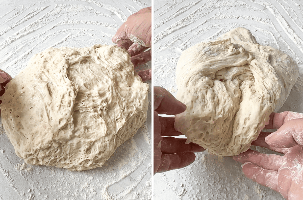 Two photos showing homemade (no knead) bread being shaped into a loaf.