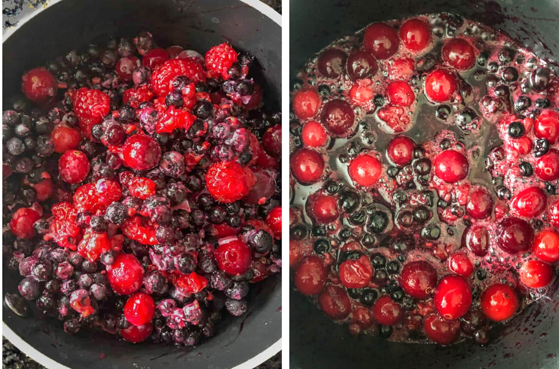 Cherries, blueberries and cranberries in a saucepan.