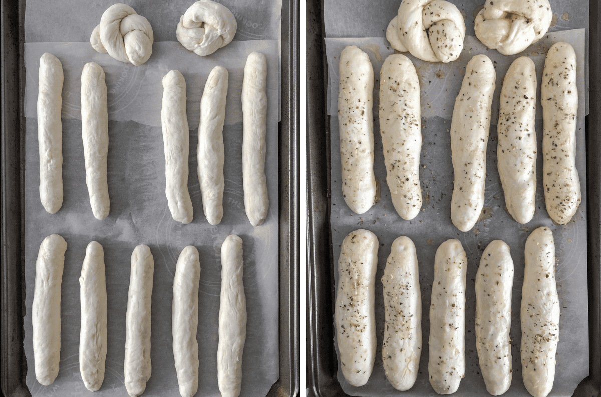 Two photos of breadsticks before and after proofing on a baking sheet.