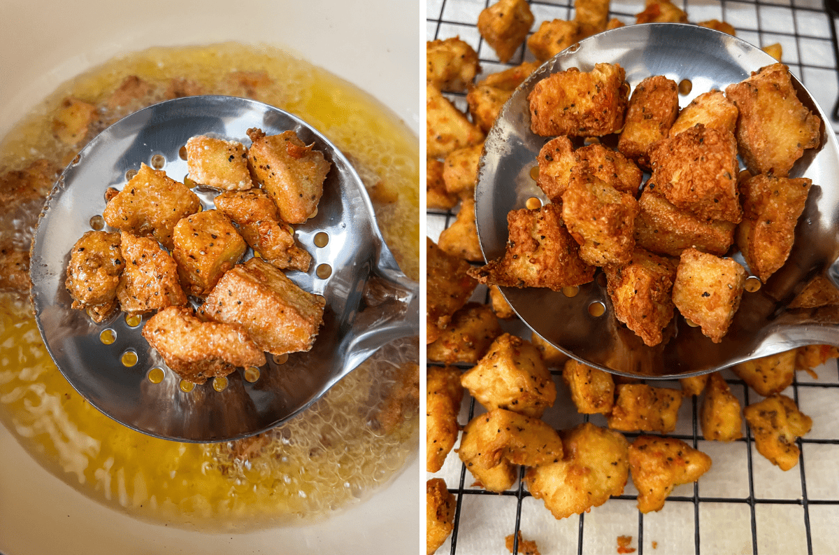 Tofu tenders being pan-fried in oil. In the next photo crispy tofu being transferred to paper towels.