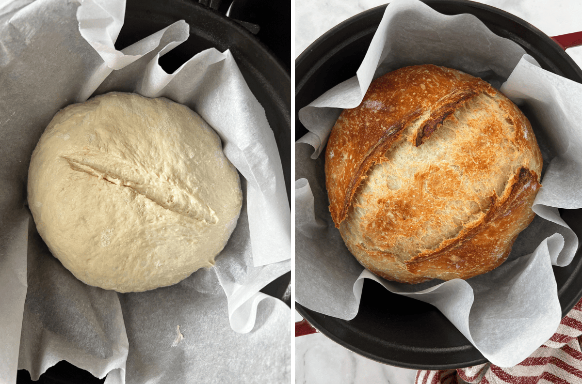 Before and after photos of bread in a red Dutch oven.