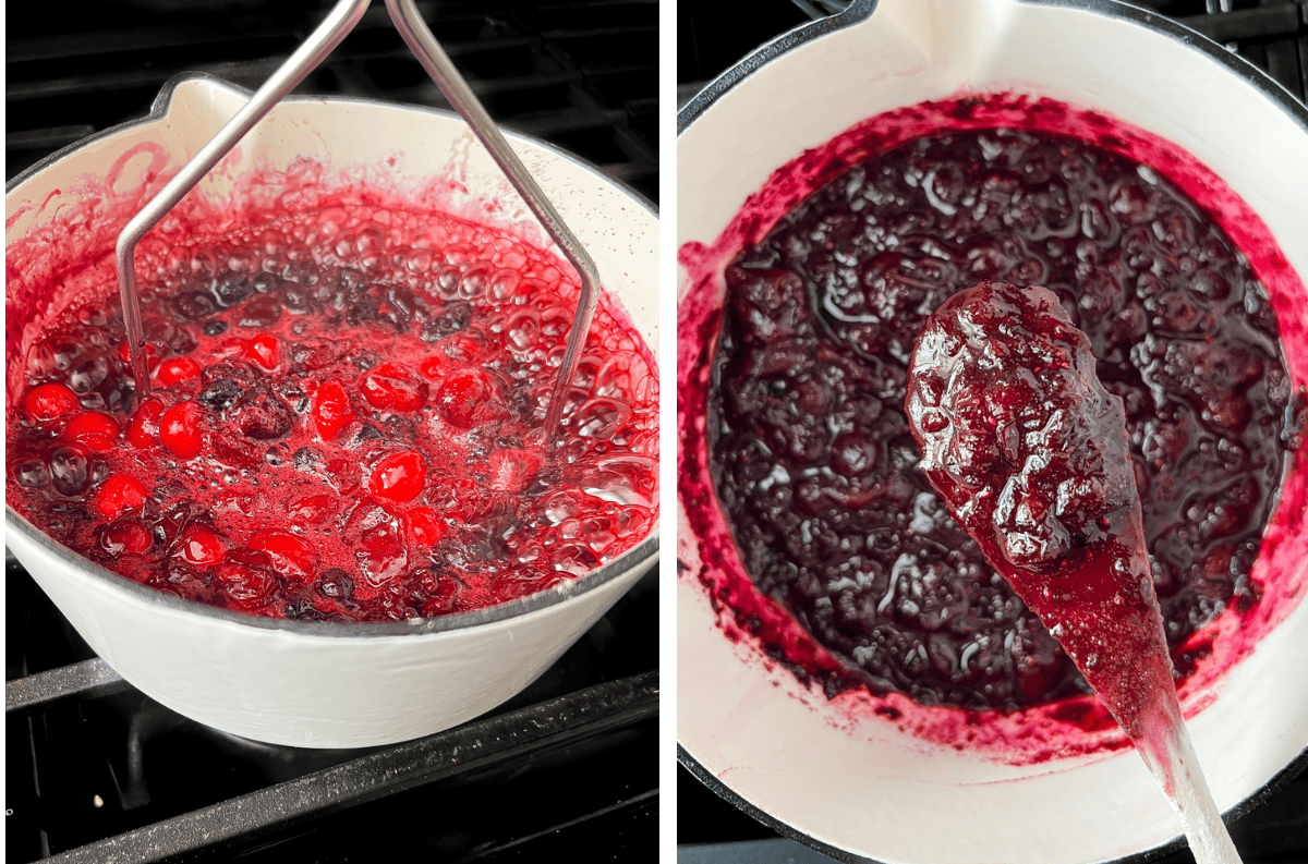 Process shots making cherry berry jam in a saucepan on the stove.