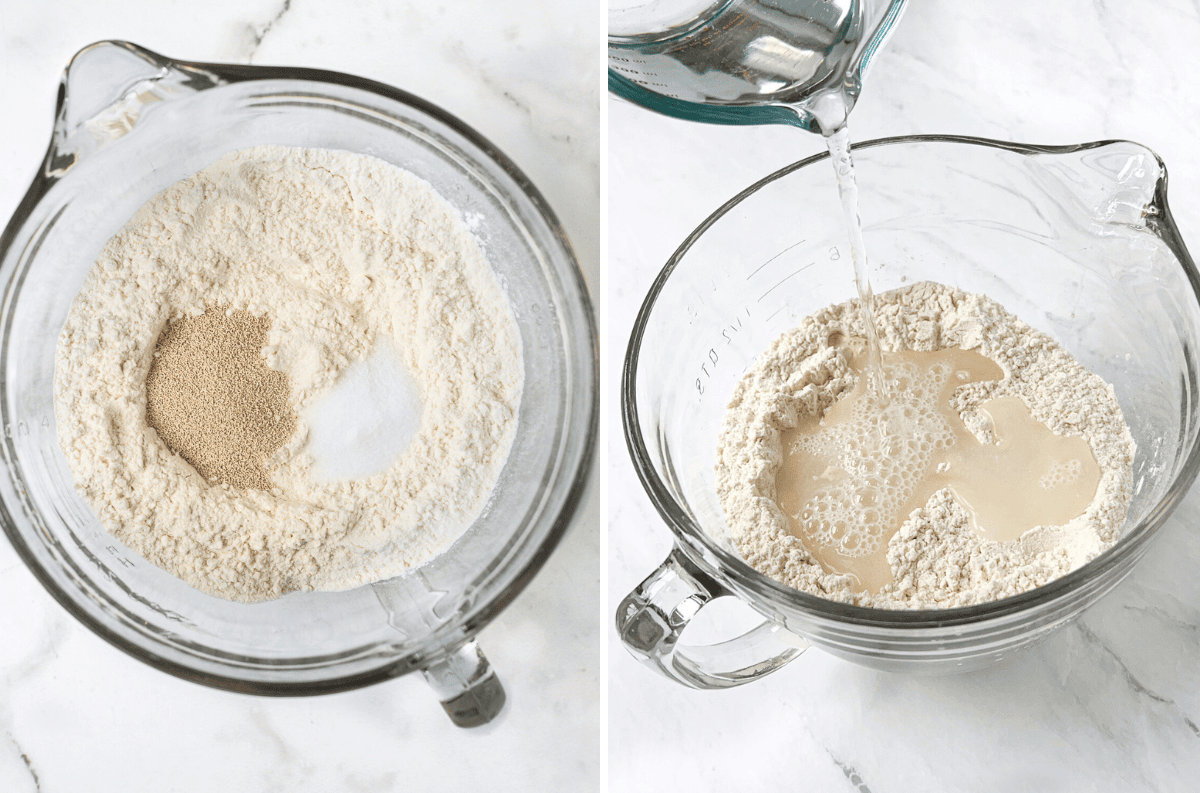 Ingredients for no-knead bread in a large measuring cup. Water being poured into measuring cup with flour yeast and salt.