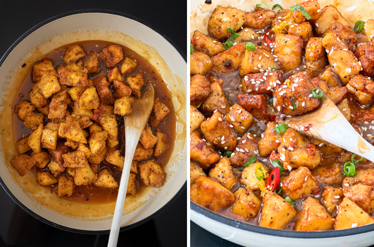 Two photos of crispy tofu being fried in a skillet and being tossed with sticky tangy orange sauce.