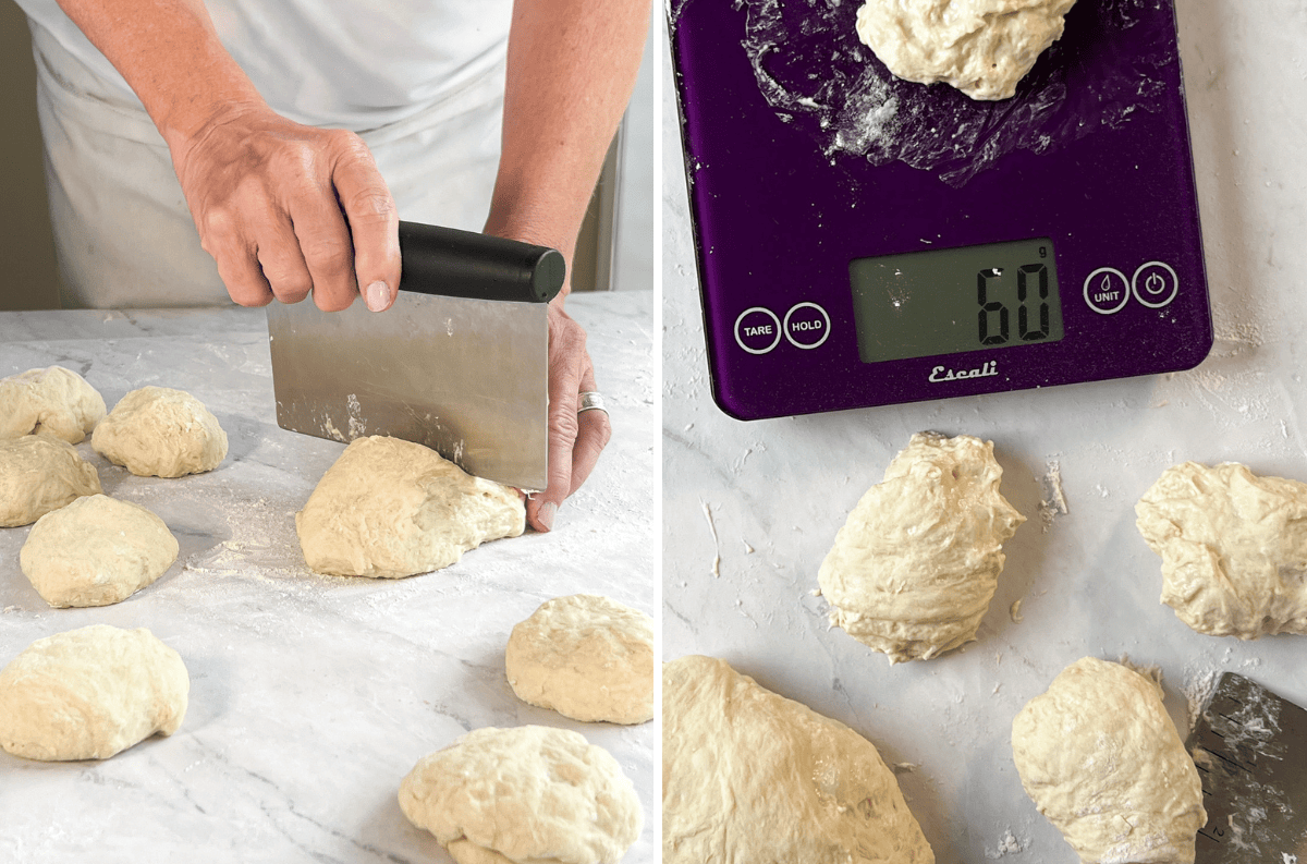 Two photos of bread dough being portioned and weighed to make homemade breadsticks.