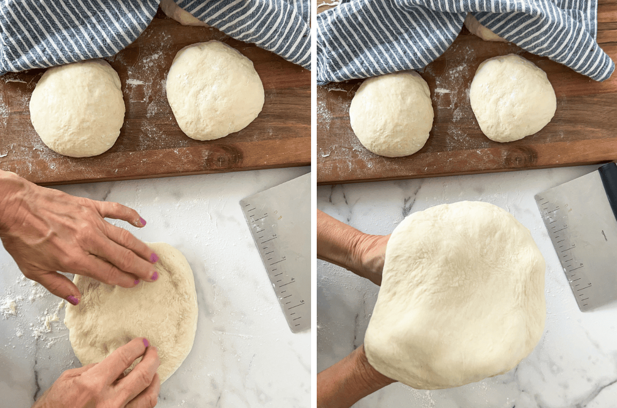 Person shaping pizza dough.