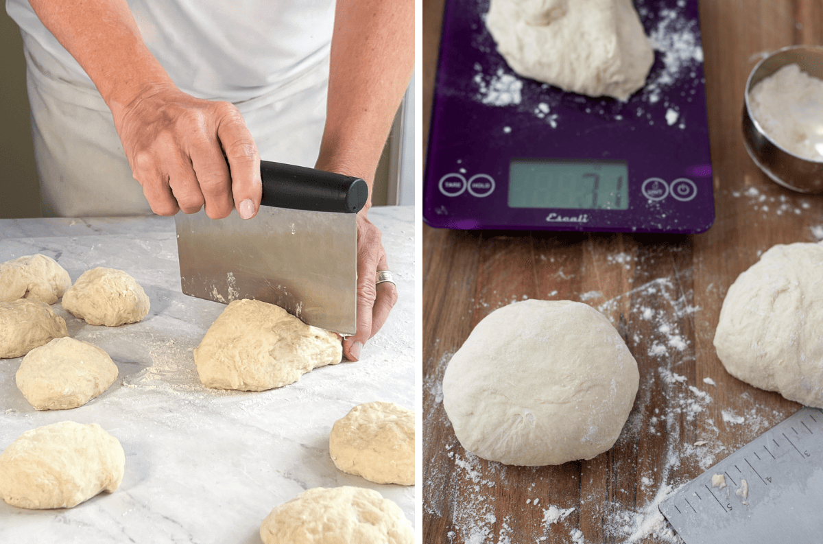 Dividing and weighing pizza dough into individual balls.