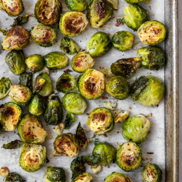 Tray of roasted Brussels sprouts.