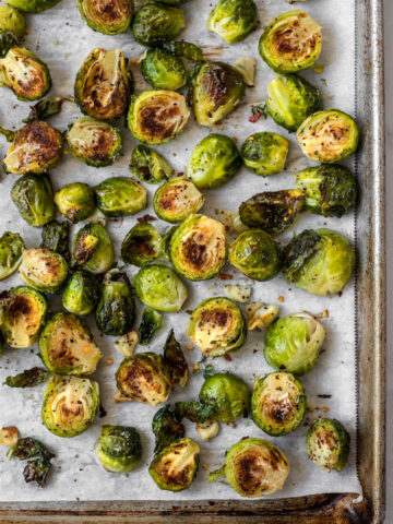 Tray of roasted Brussels sprouts.