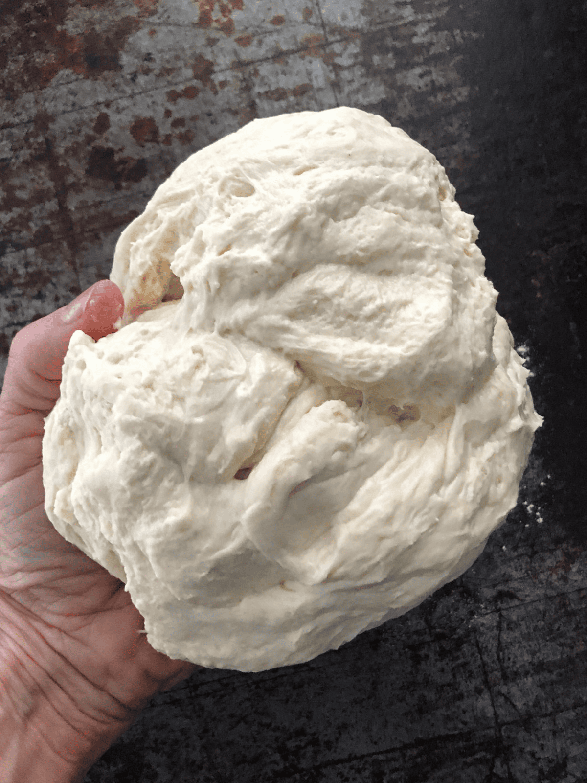 Hand holding a large ball of pizza dough.