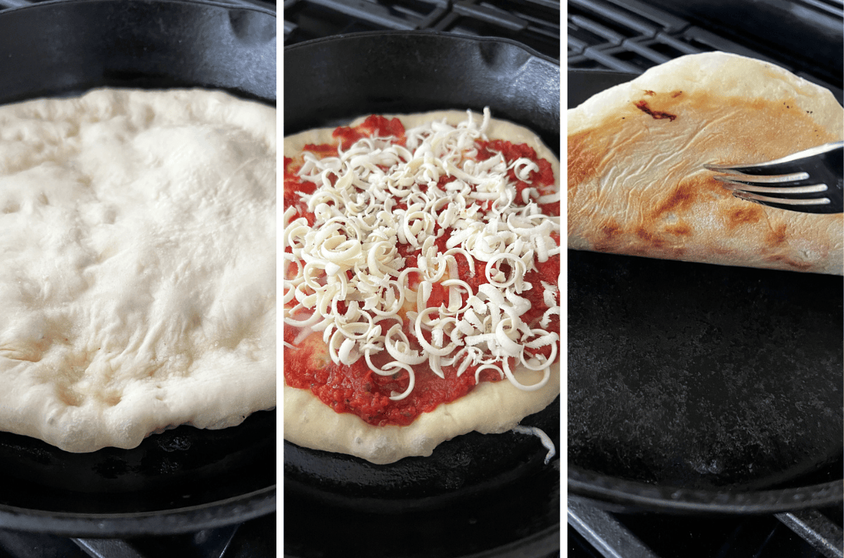 Three photos of pizza crust being cooked in a cast iron pan.