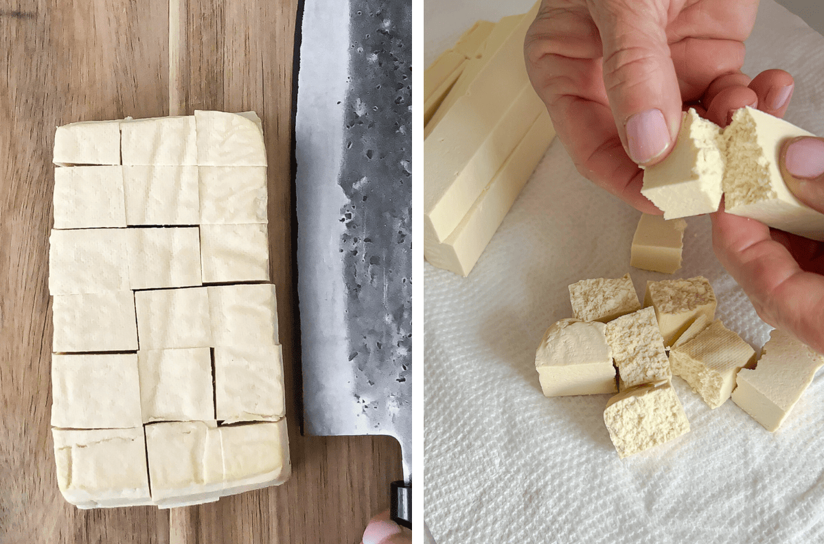 Block of tofu cut into cubes with a knife. Block of tofu broken into pieces by hand.