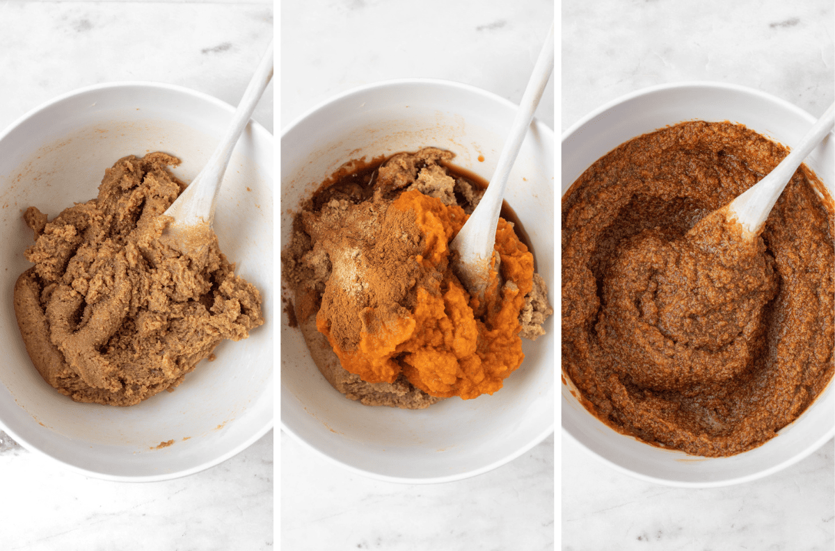 Three photos showing how to make pumpkin muffins.