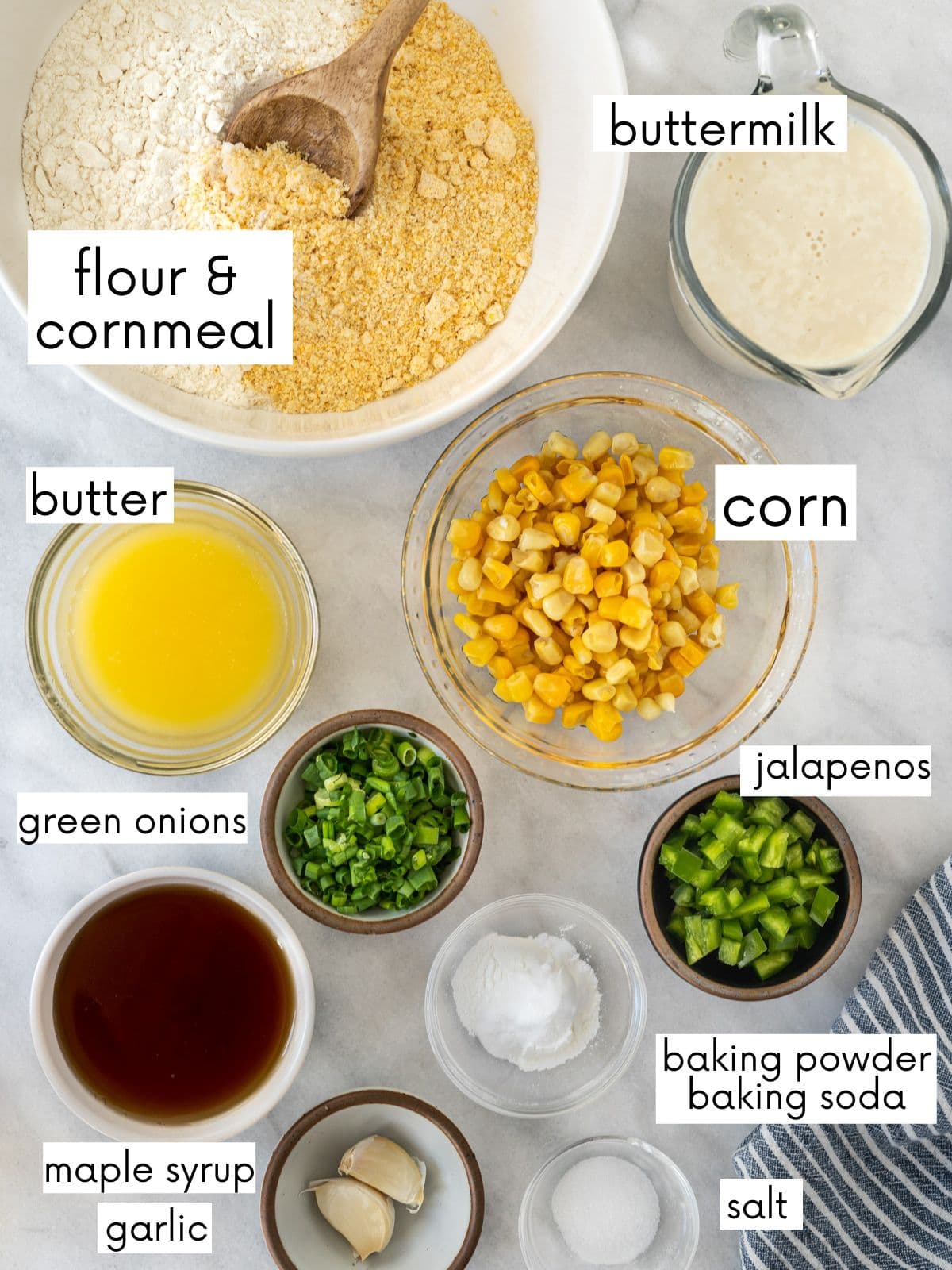 Ingredients to make vegan cornbread in individual bowls.