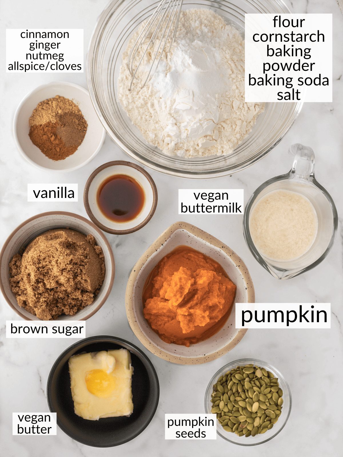 Ingredients for pumpkin muffins in individual bowls.