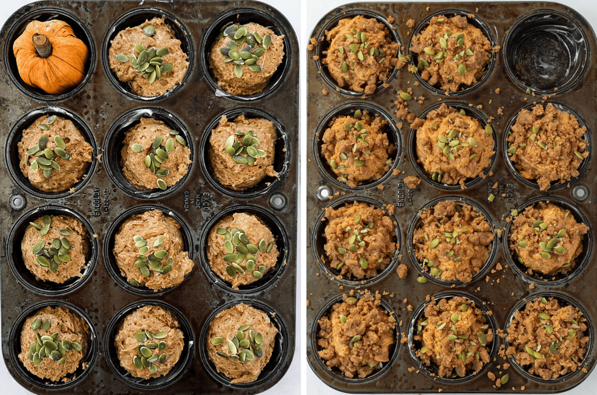 Pumpkin muffins topped with pumpkin seeds and streusel crumble.