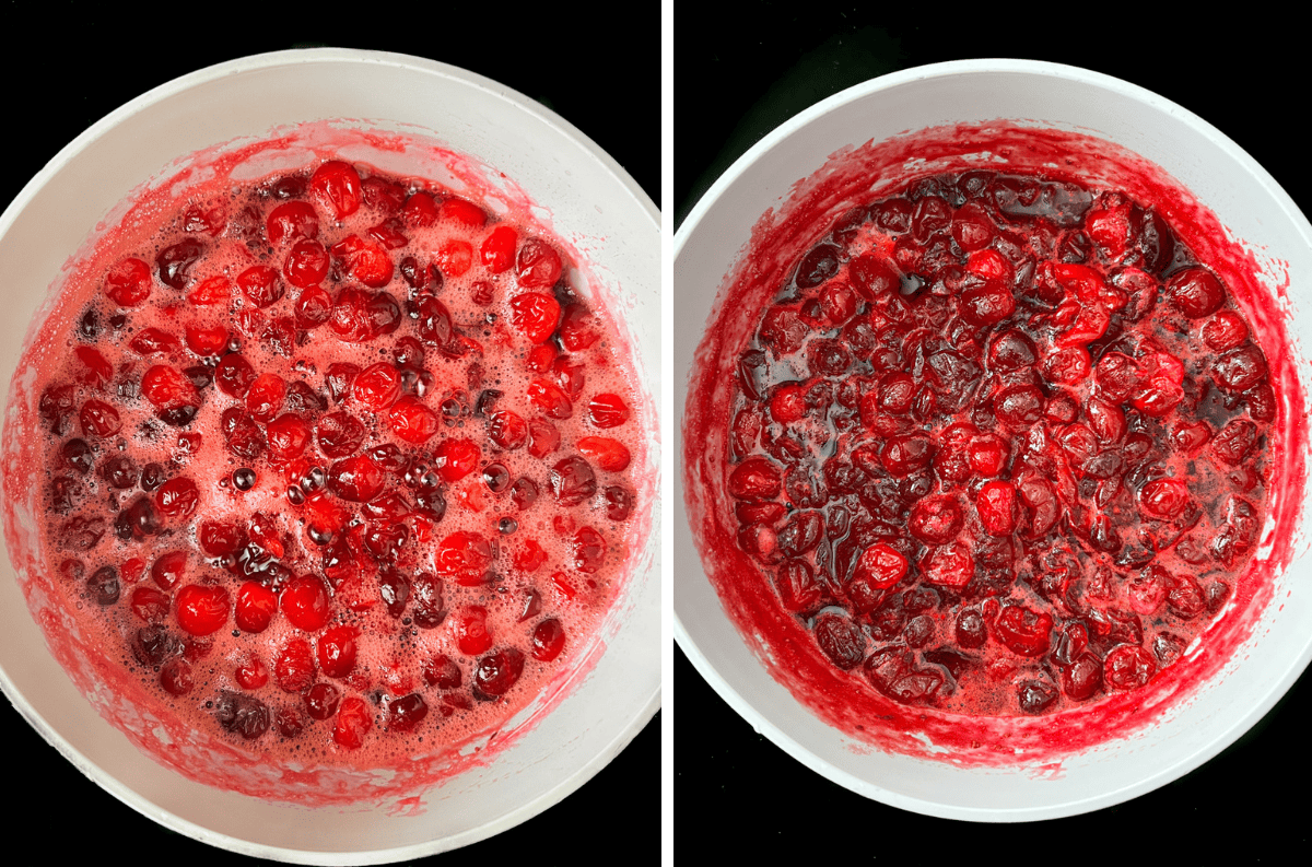Cranberry sauce simmering in a pot.
