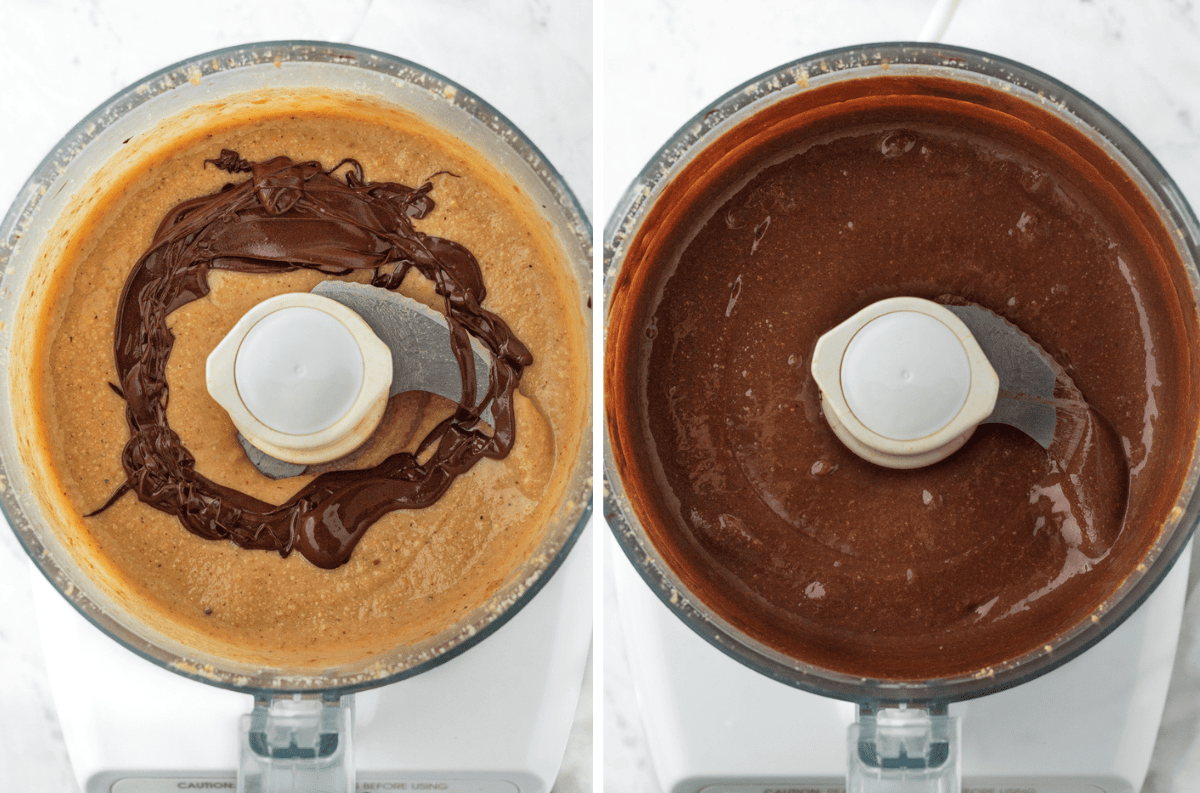 Melted chocolate being blended into hazelnut butter.