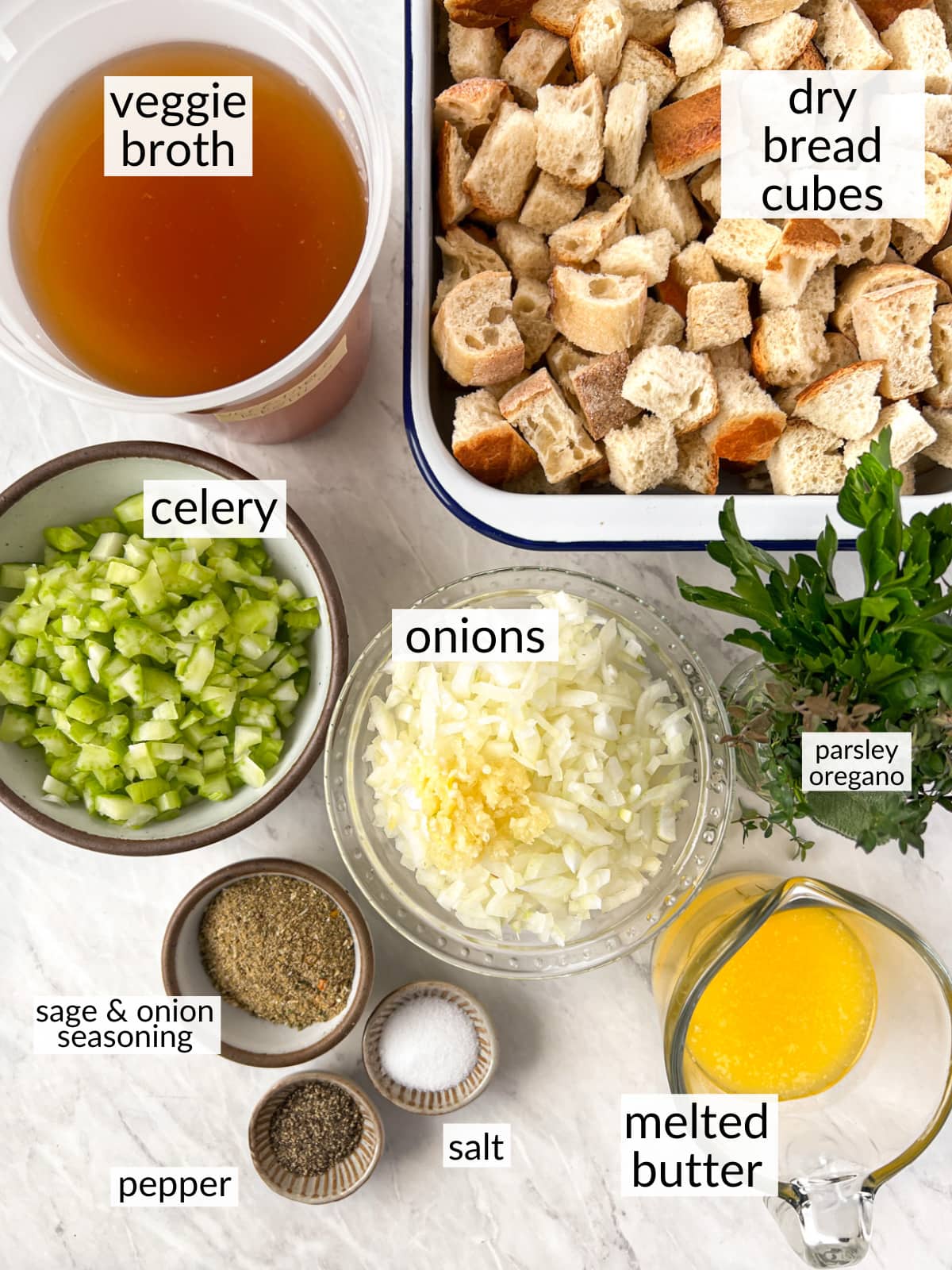 Bowls of ingredients to make vegan stuffing for Thanksgiving.