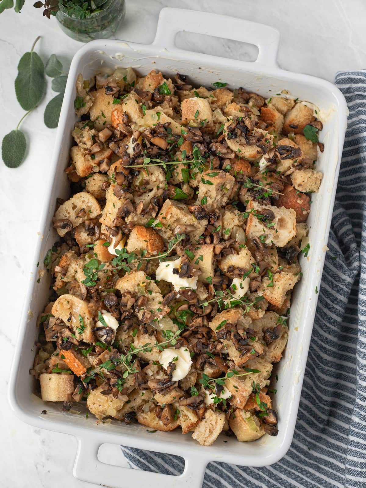Traditional vegetarian stuffing in a casserole dish.