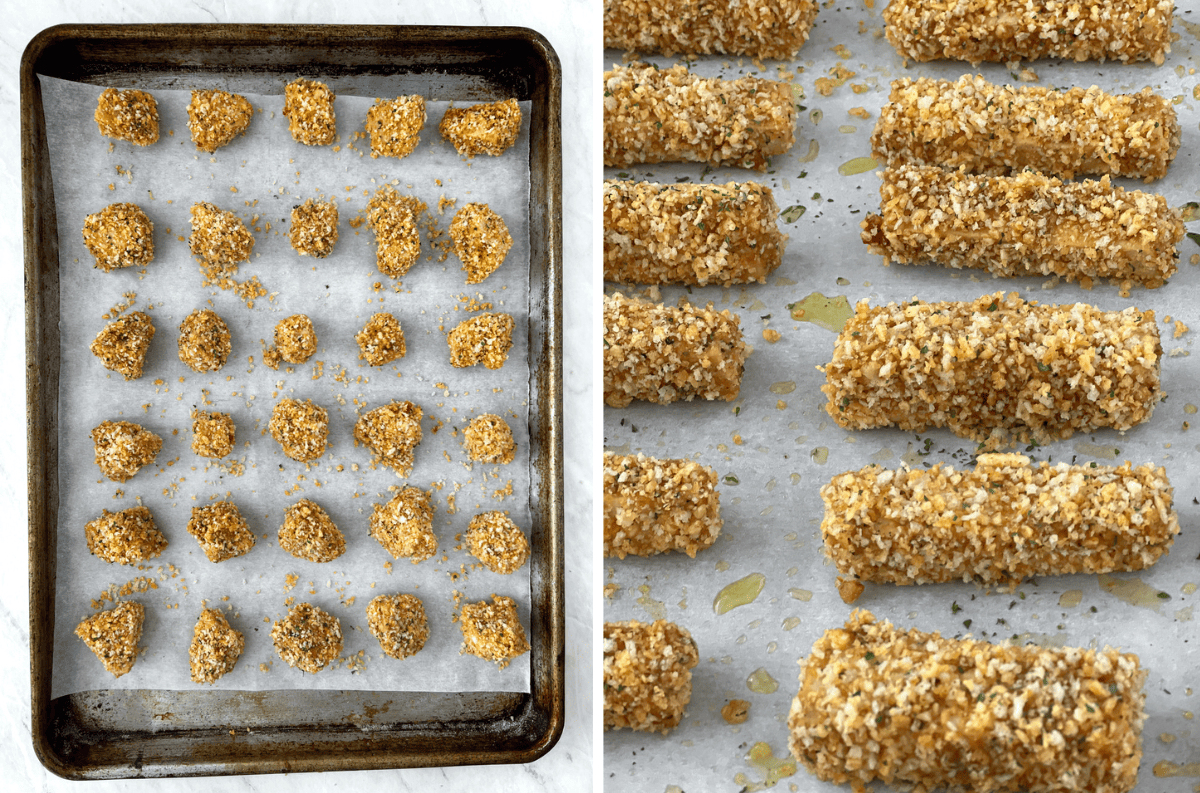 Two baking sheets with crispy crunchy panko crusted tofu.