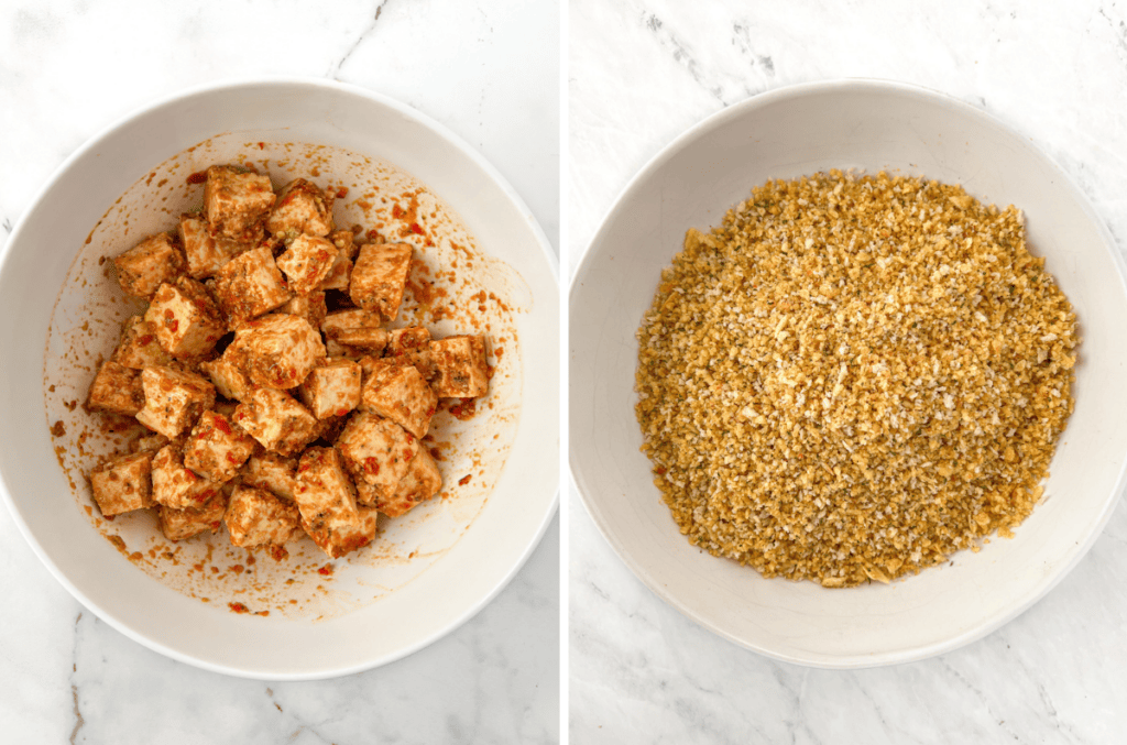Bowls of tofu in marinade and bowl of crunchy coating for tofu nuggets.