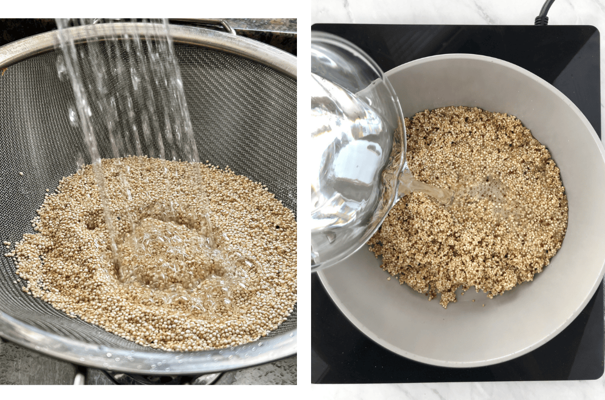Quinoa being rinsed and placed in pot for cooking.