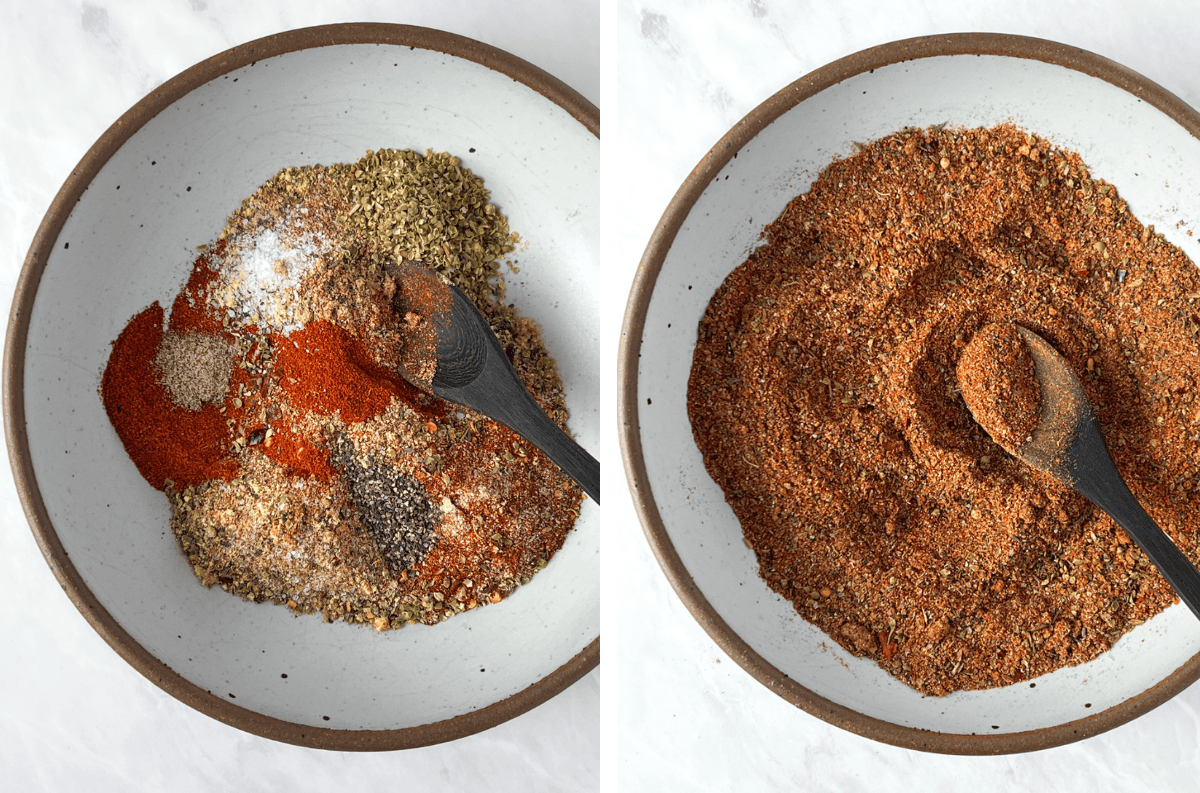 Mixing 11 herbs and spices in a bowl.
