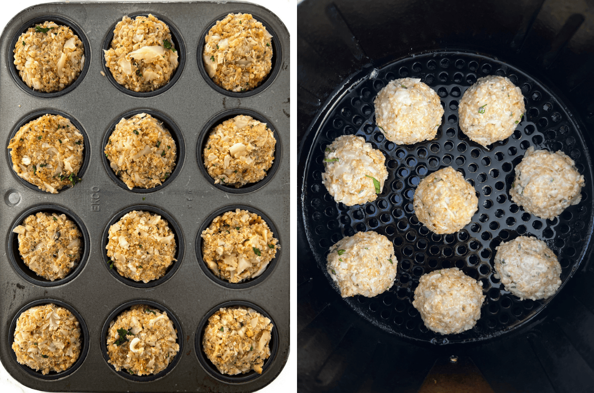 Batch of vegan meatballs in a mini muffin tin. Batch of vegan meatballs in a air fryer.