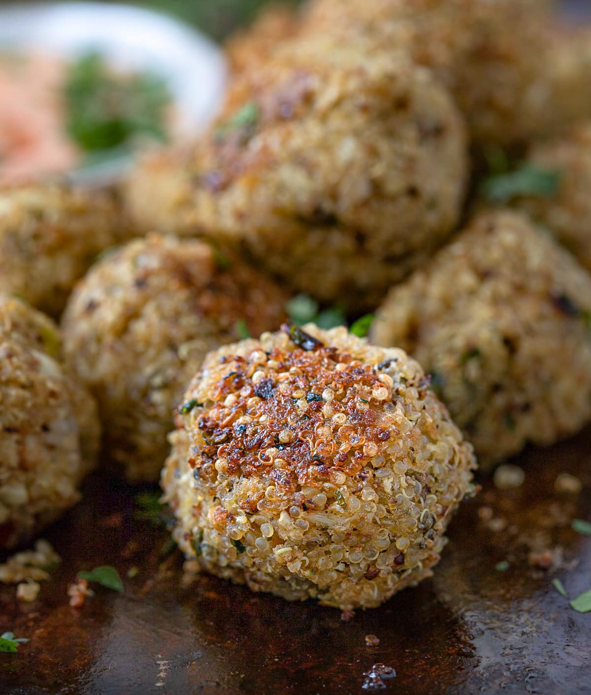 Close up of cauliflower quinoa meatballs.