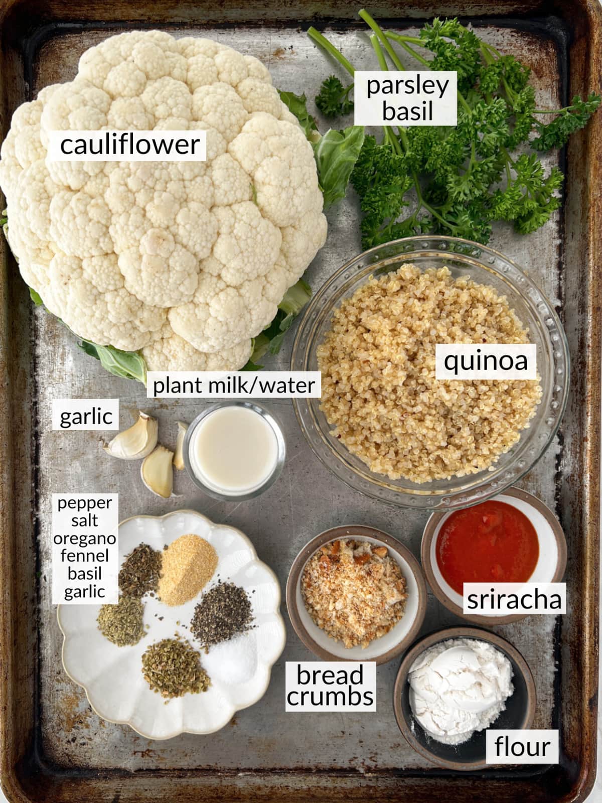 Ingredients for vegan meatballs made with cauliflower and quinoa.