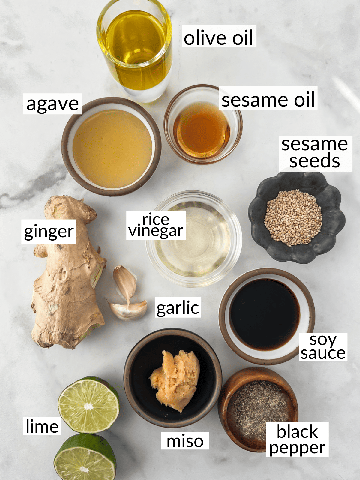 Ingredients for miso sesame ginger dressing.