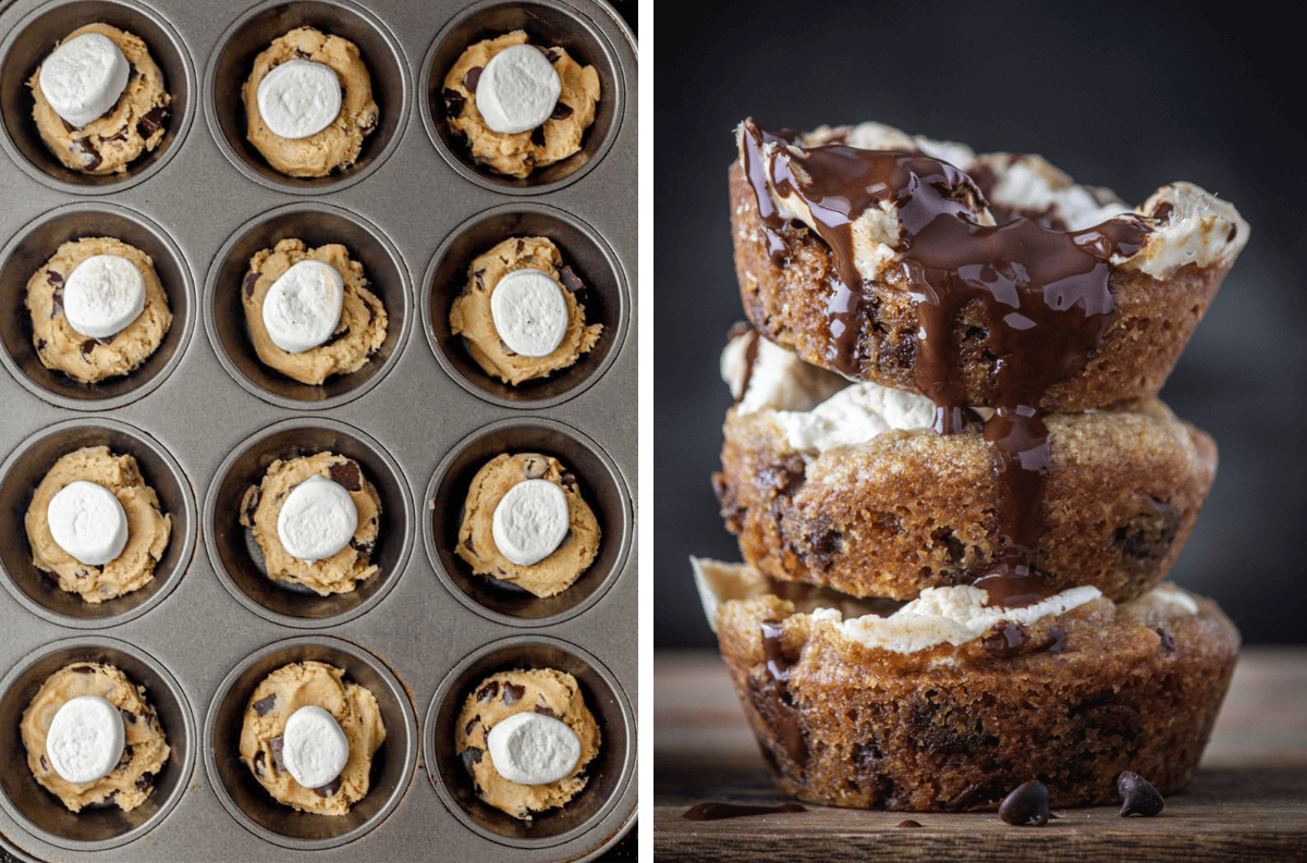 Chocolate chip cookie dough with marshmallow top in muffin tins.
