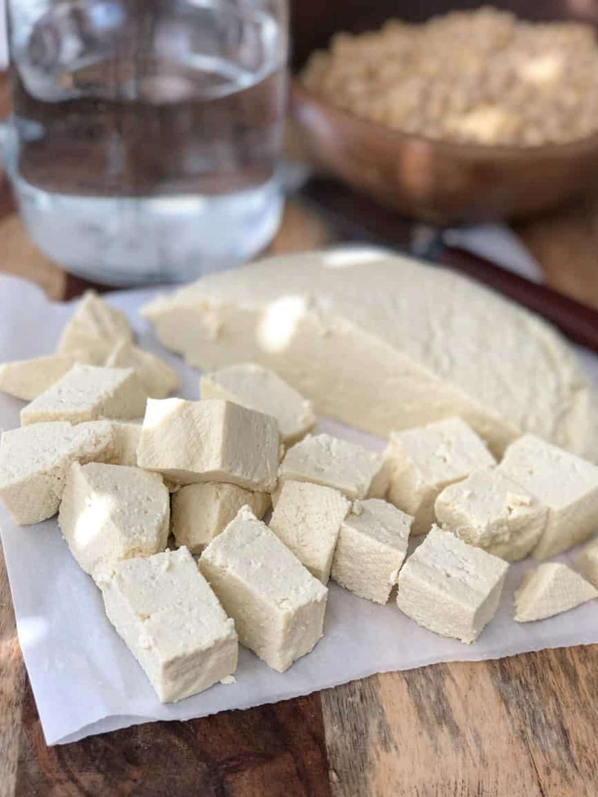 Fresh, homemade tofu cut into cubes.
