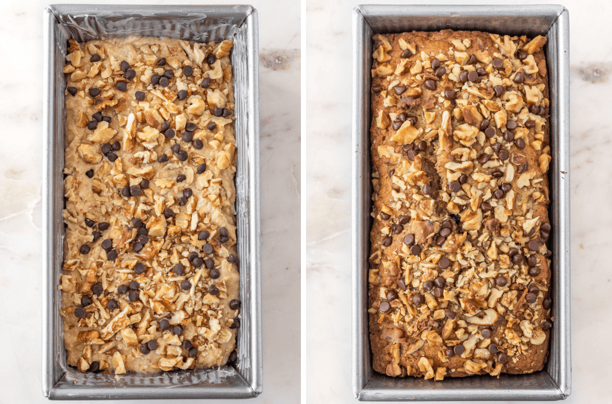 Two photos of vegan banana bread in loaf pans before and after baking.