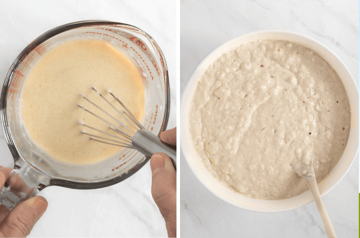 Photos of vegan buttermilk pancakes being mixed whisked together.
