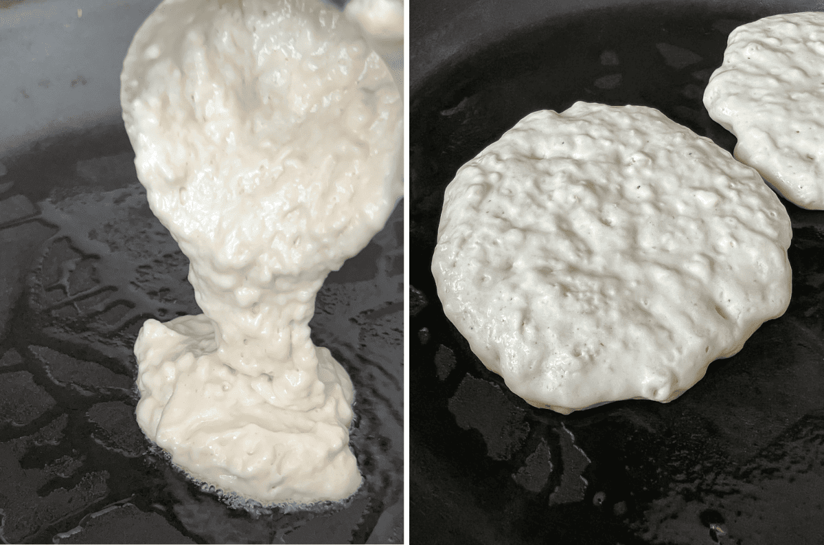 Pancake batter being poured into a hot skillet.
