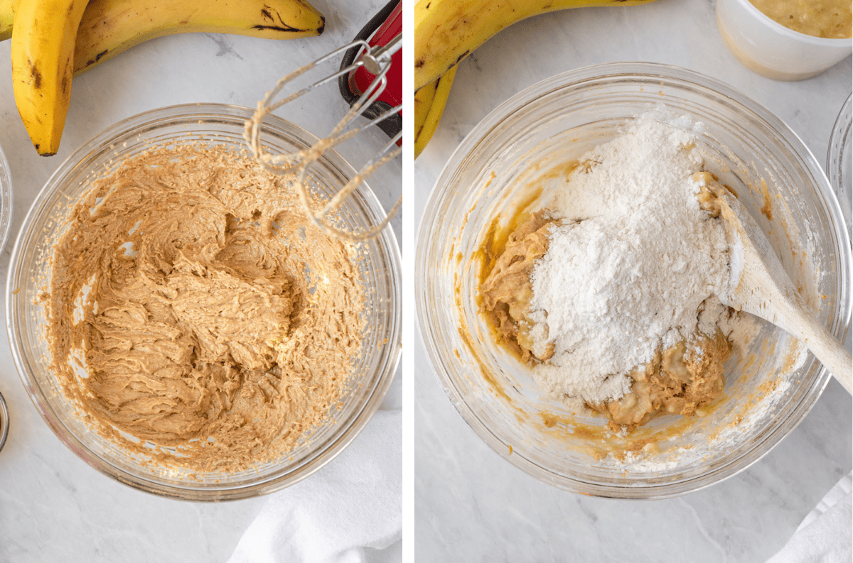Steps for mixing together vegan banana bread.