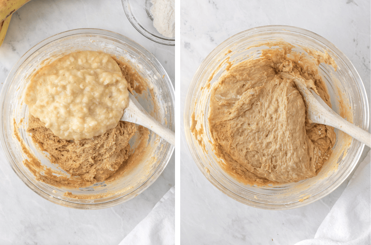 Two photos of banana bread batter being mixed with a wooden spoon.