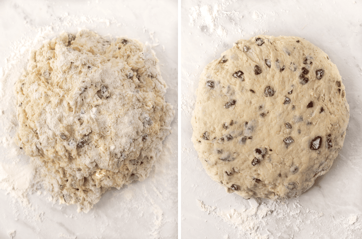 Shaping soda bread into a round loaf.
