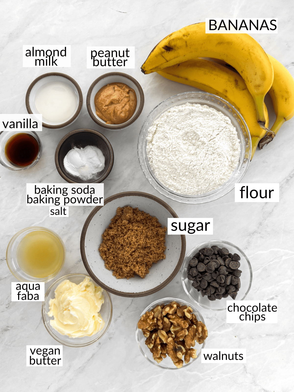 Ingredients measured out for vegan (dairy free egg free) banana bread.