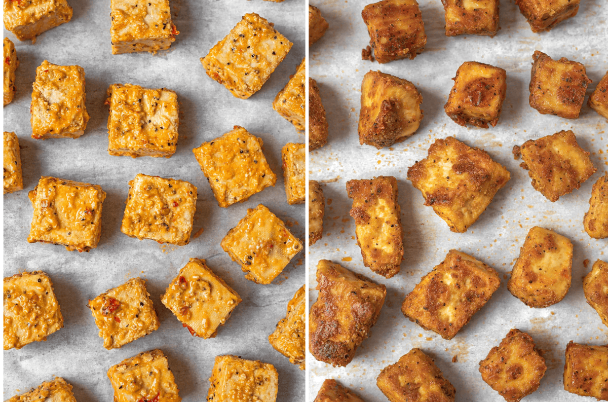 Baked tofu cubes before and after shot.