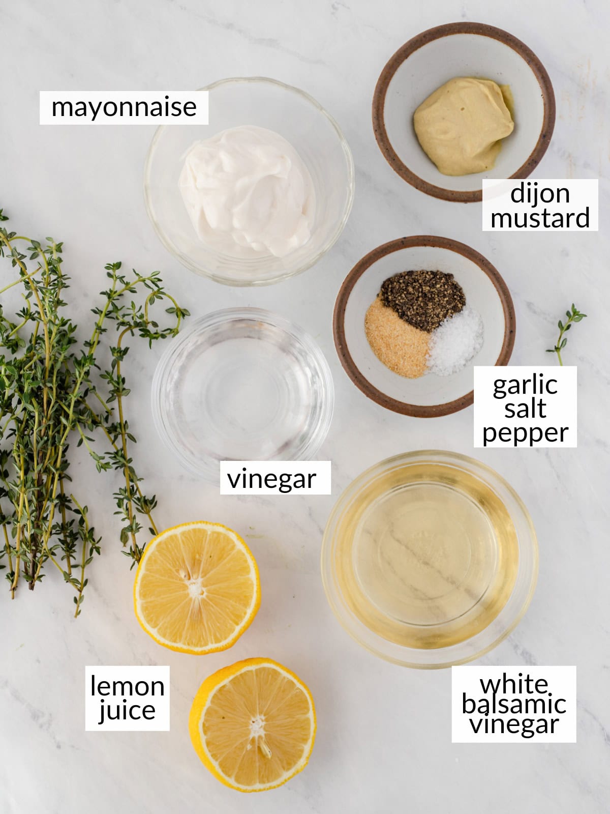 Ingredients for creamy white balsamic dressing.