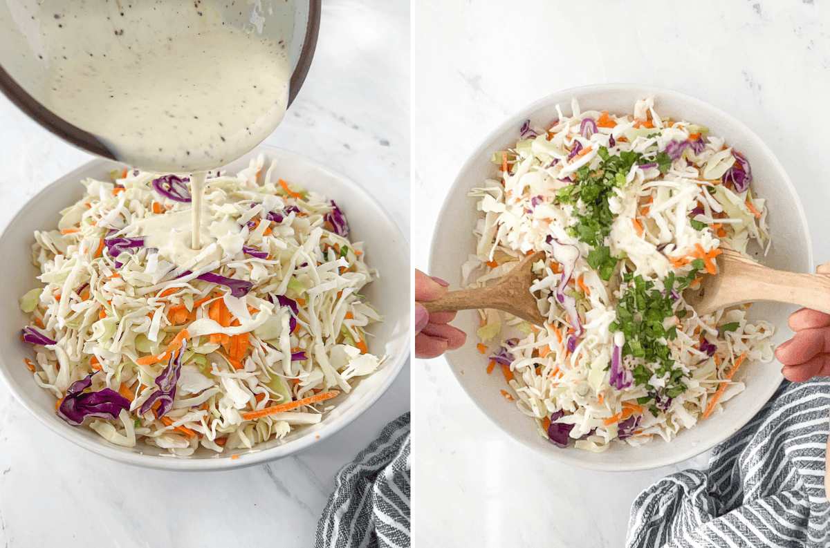 Pouring coleslaw dressing into cabbage salad and tossing together.
