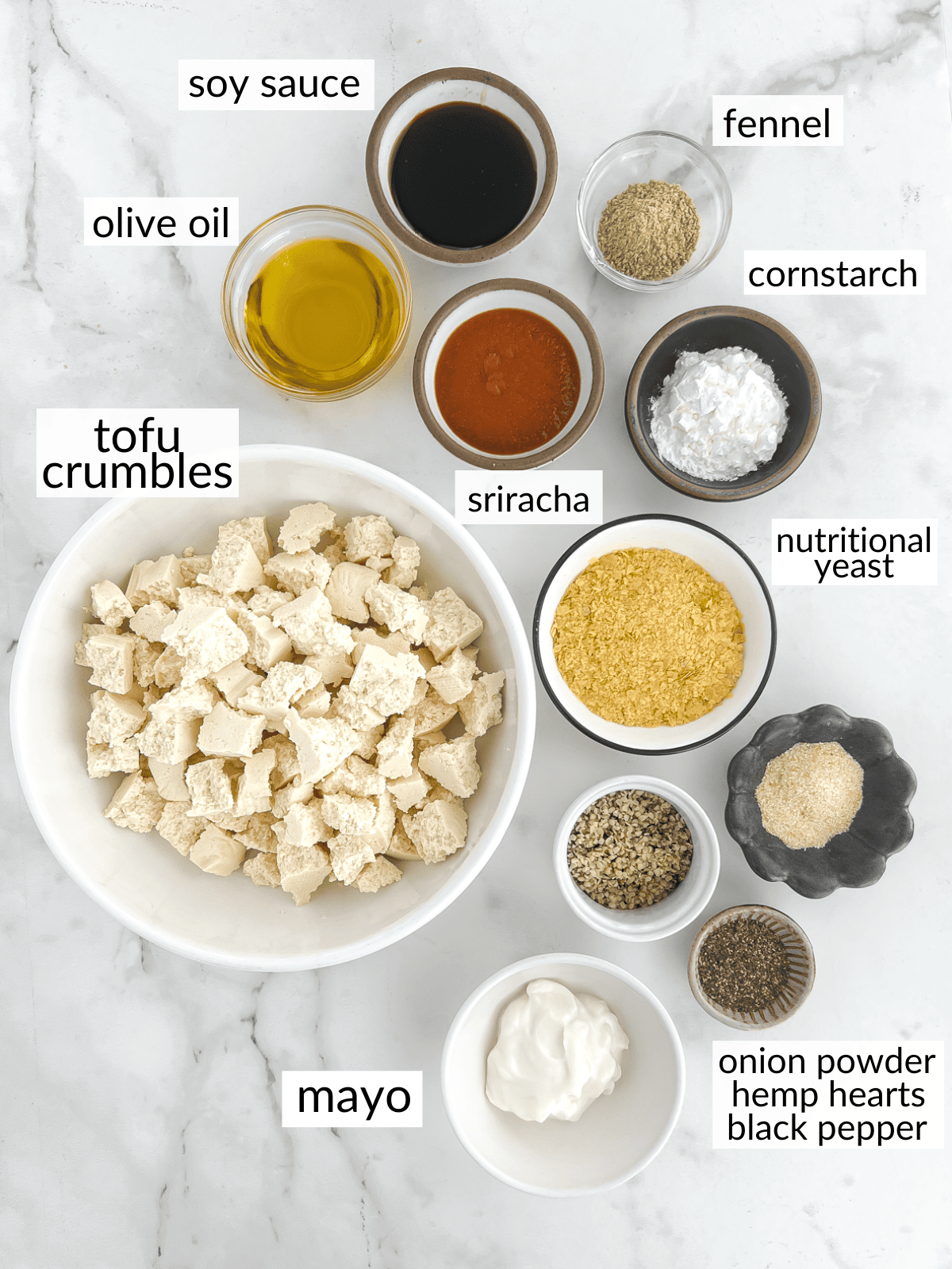 Ingredients measured out to make vegan sausage tofu crumbles.
